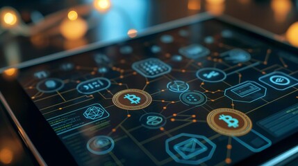 A blockchain security system interface on a tablet, showing a decentralized network actively monitoring and securing financial transactions.