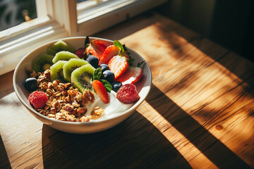 A close-up of a healthy breakfast bowl filled with fresh fruits, nuts, and yogurt, placed on a wooden table with a backdrop of natural light coming through a window