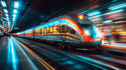 The movement of a high-speed train in blur in a glowing underground tunnel