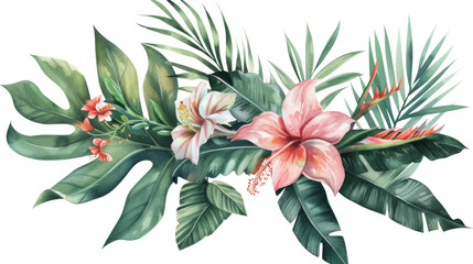 Watercolor of Tropical spring floral green leaves and flowers