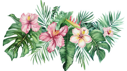 Watercolor of Tropical spring floral green leaves and flowers
