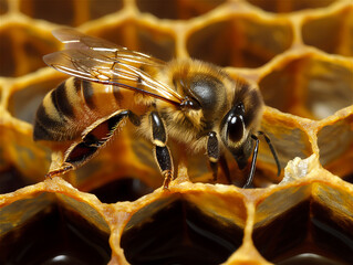 Canvas Print - Close-up of an AI-generated illustration of A bee resting on a beehive cell