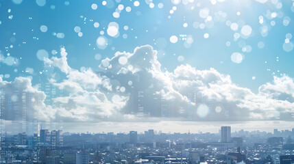 Bright blue sky with clouds over a city skyline intertwined with a transparent layer of binary code, symbolizing data and digitalization