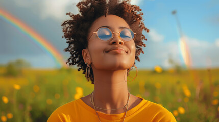 Joyful African American Woman Enjoying Nature with a Rainbow in the Sky