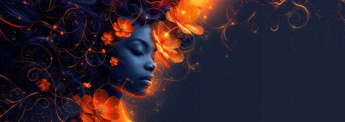 Beauty black skin woman face portrait with blue lighting and orange tropical flowers on dark blue background