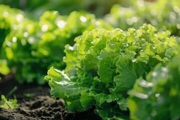 Close-up of fresh green lettuce leaves growing in the garden under sunlight, showcasing healthy organic vegetable cultivation.