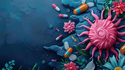 Abstract Floral Arrangement with Pills and a Blue Background, a Surreal and Artistic Take on Medicine and Nature