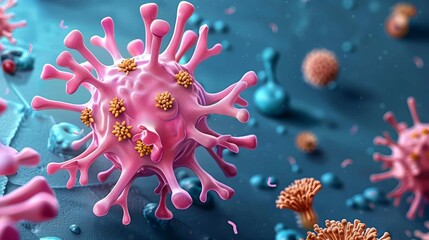 Wall Mural - 3d illustration of a virus with spikes and proteins, depicting the microscopic world of pathogens.