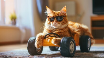Wall Mural - A cat wearing sunglasses is sitting in a toy car. The scene is playful and lighthearted, with the cat looking like it's having fun driving the car
