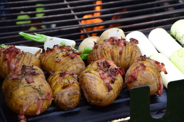 close up view of potatoes with bacon, grilled, traditional Czech food and culture, food background