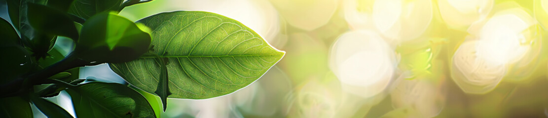 Wall Mural - green leaf with blurred nature background banner, copy space for text and natural landscape greenery