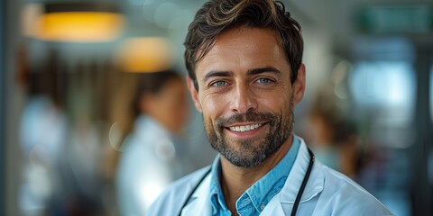 Wall Mural - A handsome, confident general practitioner in a blue uniform with a stethoscope, smiling in a hospital portrait.