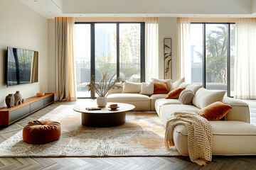 Wall Mural - Modular corner sofa against tv. Minimalist interior design of modern living room.