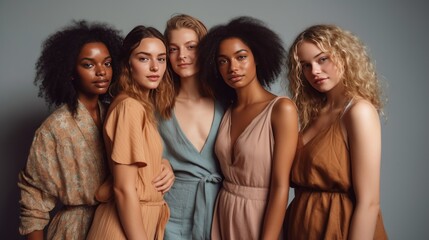 Five diverse women confidently pose together in a studio setting showcasing beauty and fashion with a focus on diversity and inclusion
