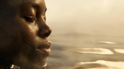 Sticker - Serene African Boy Contemplating at Golden Hour by Water