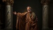 © AS Photo Family - A man in a toga strikes a pose reminiscent of a classical Roman orator against a dramatic backdrop with columns