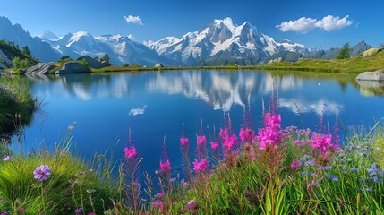 Wall Mural - Vibrant Summer Landscape: Lac Blanc Lake with Majestic Mont Blanc (Monte Bianco) in the Background - Scenic Alpine View