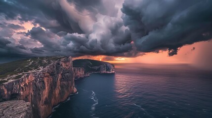 Wall Mural - Sunset View with Dark Clouds Over Capo Caccia Coastal Landscape