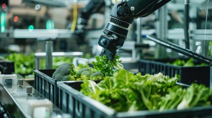 Close-up of a robotic arm sorting vegetables in a processing plant, in a detailed, industrial style, with cool metallic tones. --ar 16:9 --style raw Job ID: a7e83abe-fcc4-4a2f-b528-0935e61af350