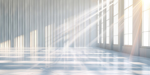 Poster - empty room with white walls and a light gray floor. Minimalist interior with sunlight streaming through large windows casting long shadows on the polished floor creating a bright and airy atmosphere	
