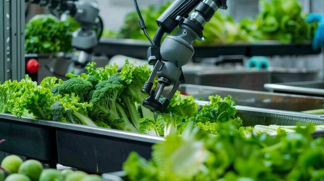 Close-up of a robotic arm sorting vegetables in a processing plant, in a detailed, industrial style, with cool metallic tones. --ar 16:9 --style raw Job ID: a7e83abe-fcc4-4a2f-b528-0935e61af350