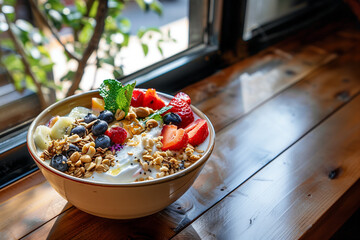 A close-up of a healthy breakfast bowl filled with fresh fruits, nuts, and yogurt, placed on a wooden table with a backdrop of natural light coming through a window