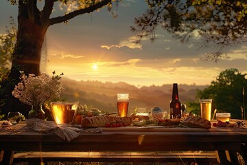 Wall Mural - Rustic outdoor table set with drinks and food, bathed in warm sunset light under a tree, overlooking a beautiful countryside view.