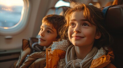 Two children, a boy and a girl, look out an airplane window with wonder