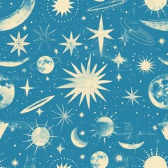 Wall Mural - Whimsical Cosmic Pattern with Stars and Planets on Blue Background