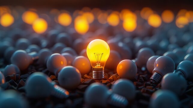With many white light bulbs, a yellow light bulb stands out, symbolizing the significance of differentiation and choice.