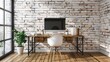 © Wanlop - Modern rustic home office setup features sleek computer against distressed white brick wall backdrop with natural wood desk and minimalist decorative accents.