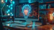 © Avve Diana - A computer in the office with a bulb icon hologram. The idea of the concept is demonstrated with a double exposure.
