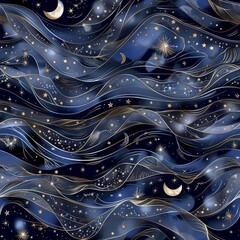 Wall Mural - Enchanting Night Sky with Golden Stars and Swirling Patterns