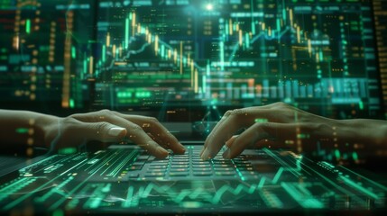 Wall Mural - Invest concept for stock market. Double exposure of hands typing on computer and hologram drawing of forex chart.