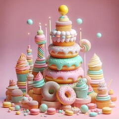 Wall Mural - Sweet Celebration Cake  3D illustration of a towering birthday cake made of cupcakes, donuts, macarons, and whipped cream, adorned with candles and sprinkles