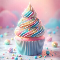 Wall Mural - Whimsical Rainbow Cupcake Delight, close-up shot of a beautifully decorated cupcake with swirling rainbow frosting and colorful sprinkles. The cupcake is surrounded by pastel-colored balls 