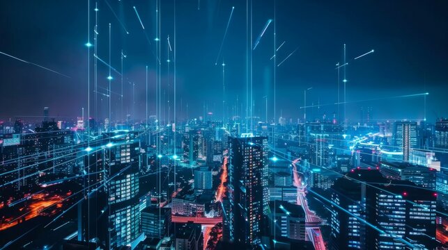Feature a futuristic cityscape with interconnected smart devices and sensors, illustrating the efficiency and sustainability of smart city investments --ar 16:9 --style raw