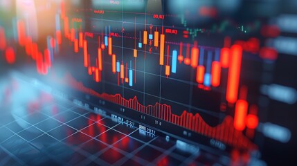 Wall Mural - An illustration of a forex chart is drawn over a table background with a computer. Financial research and analysis is presented in this top view.