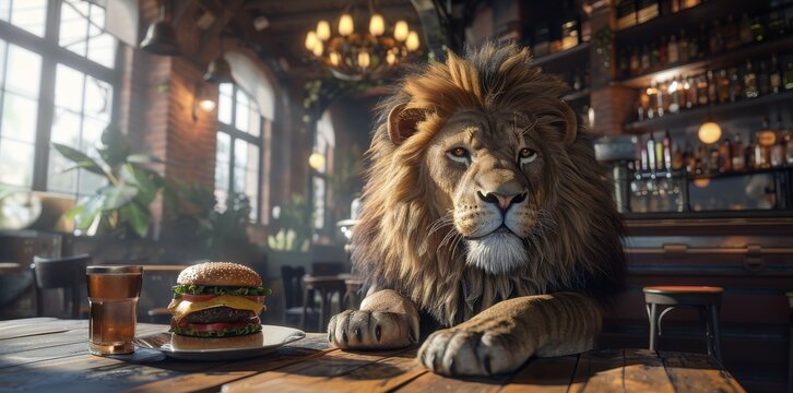 A ferocious lion eyes a tasty hamburger in a bar, ready to pounce and devour it.
