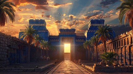 Ancient city of babylon ruins with ishtar gate's vibrant blue-glazed bricks, ziggurats, and crumbling stone walls amidst mesopotamian desert landscape sunset.