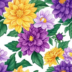 Wall Mural - Floral pattern featuring vibrant purple and yellow dahlias and green leaves seamless pattern, ideal for infusing a cheerful and lively vibe into any project