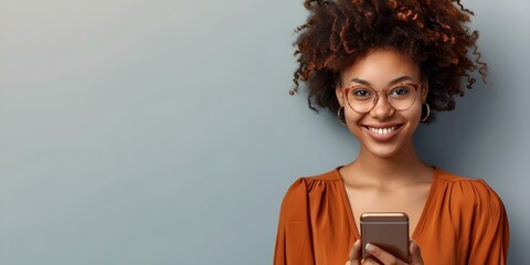 Smiling woman with phone isolated on background happy and using technology. Concept Technology, Smartphone, Isolation, Happiness, Communication