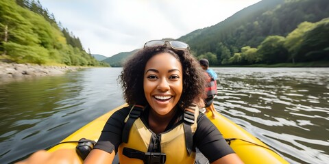 Happy Black woman takes selfie while rafting on calm river. Concept Outdoor Photoshoot, Adventure, Summer Fun, Selfie, Rafting