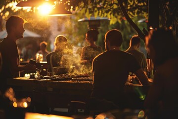 Wall Mural - Enjoy the vibrant atmosphere of an outdoor party where a group of people is grilling barbecues under the warm glow of tungsten bulb lights, creating a lively and cozy Twilight time gathering.
