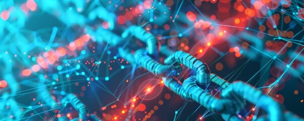 Wall Mural - Close-up of a digital blockchain network with interconnected nodes and glowing lights, representing secure data transfer and technology innovation.