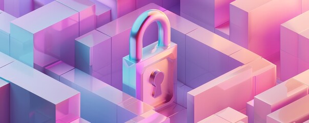 Wall Mural - Colorful 3D lock in pastel maze background, symbolizing security, encryption, and digital protection. Vibrant abstract art with a pink and purple palette.