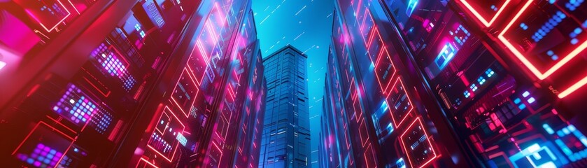 Wall Mural - Futuristic cityscape with neon lights illuminating tall buildings, creating a vibrant and technologically advanced urban environment at night.