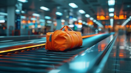 Orange duffle bag on conveyor belt in busy airport setting with motion blur