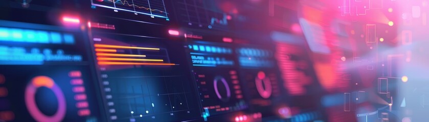 Futuristic data analytics dashboard with vibrant neon colors displaying charts, graphs, and key metrics in a high-tech environment.
