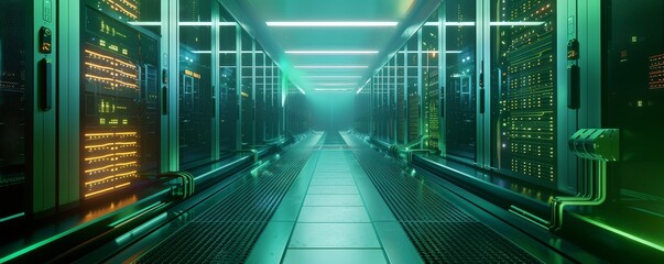 Modern data center with server racks, displaying lights and network cables, emphasizing advanced technology and infrastructure.
